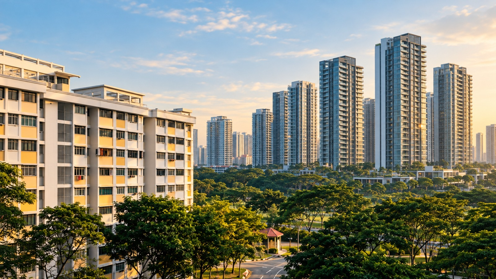 HDB flats and condominium towers beside a green park in Singapore