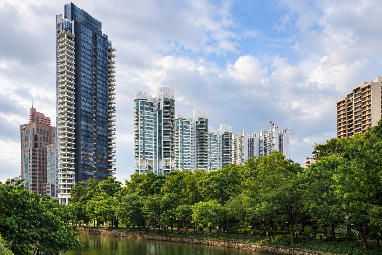 Singapore residential towers beside a tree-lined river